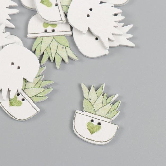 Пуговицы дерево для творчества 2 прокола «Суккулент в горшочке», набор 20 шт., 1.8×2.5 см